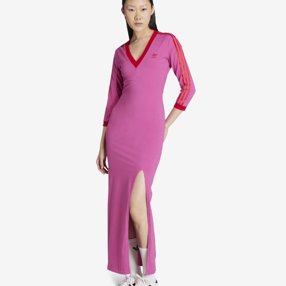 NEW with Tags Adicolor 3-Stripes Maxi Dress Semi Lucid Fuchsia Better Scarlet